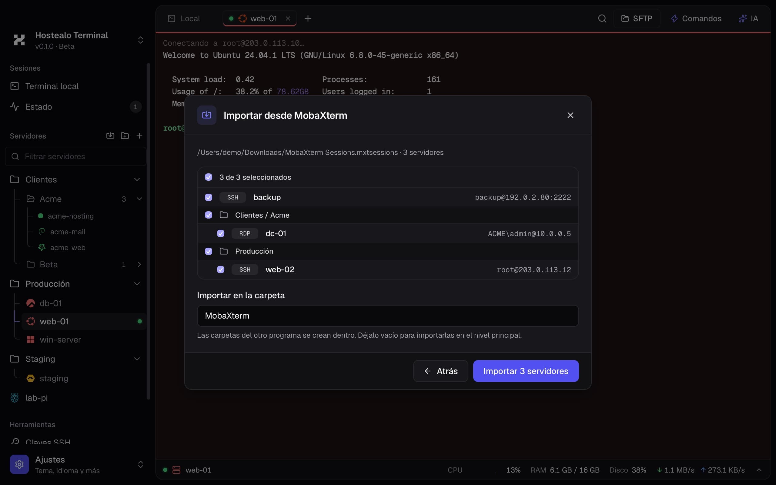 Importación de servidores desde MobaXterm, con sus carpetas